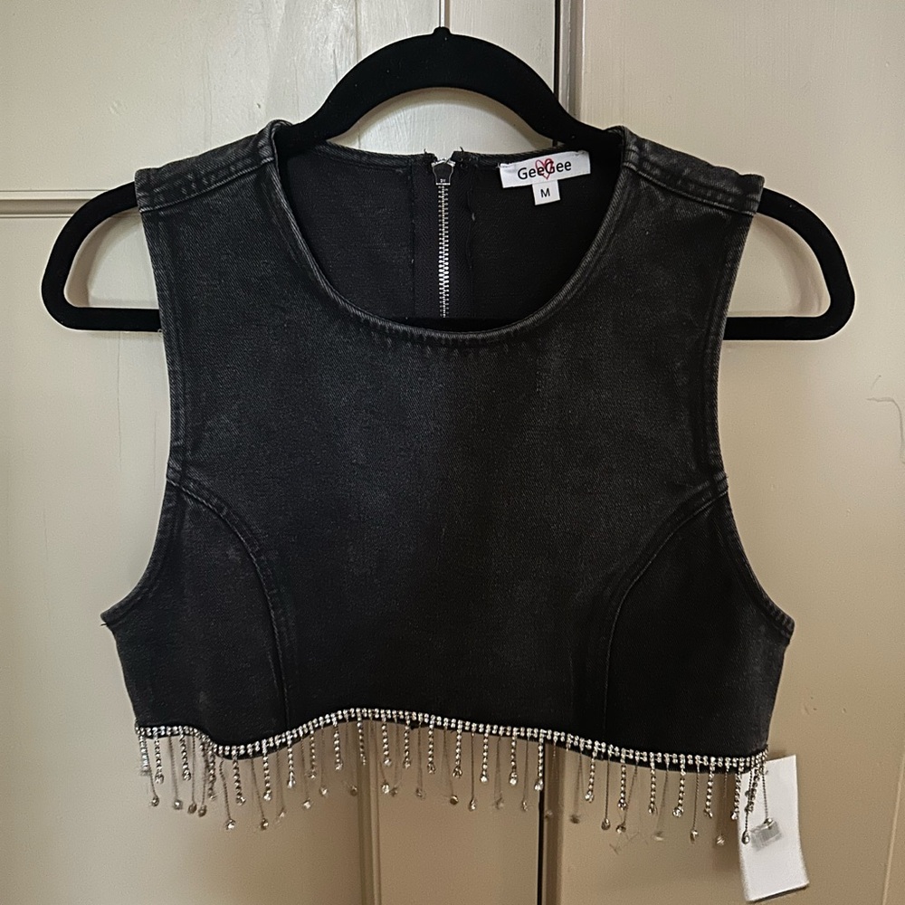 New With Tags | Medium Black Denim Cropped Top with Beaded Hem